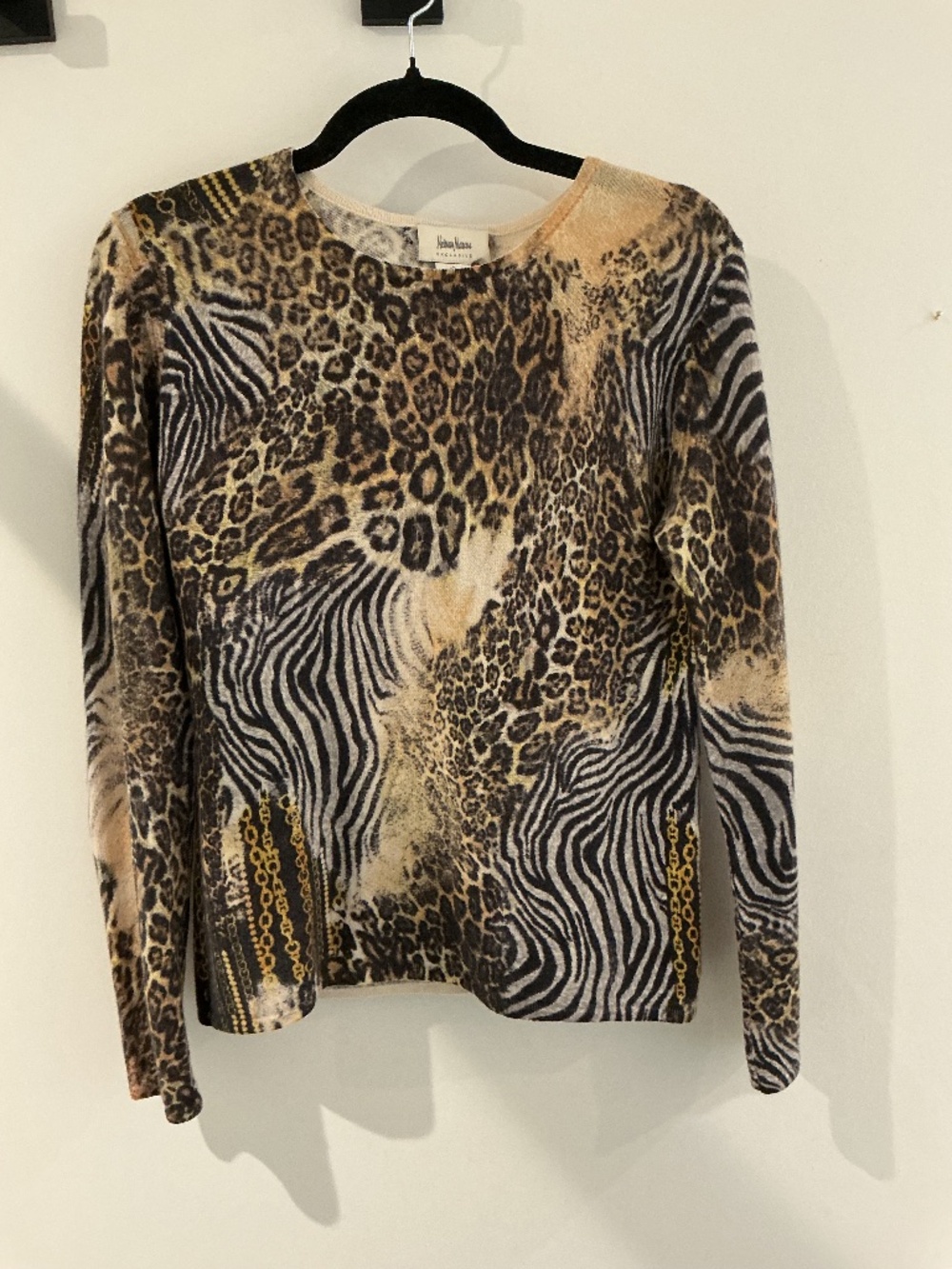 Neiman Marcus Exclusive 100% Cashmere Mixed Animal Print Crewneck Sweater